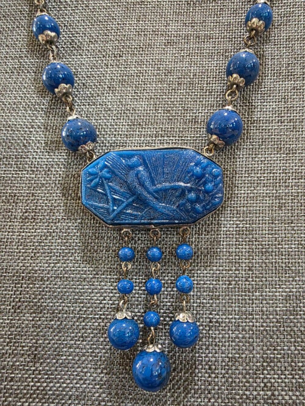 Vintage ART DECO Czech Blue Lapis Exotic Glass Bird Pendant Necklace 14" Bohemia - Picture 3 of 13